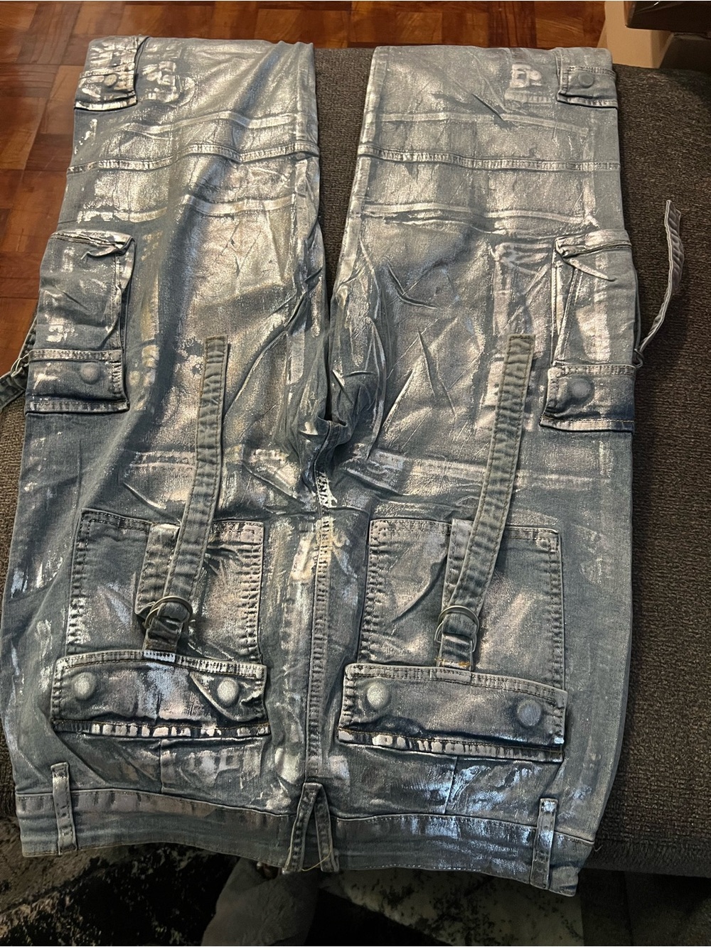 SWANK Silver Metallic Cargo Jumpsuit Pants with Utility Straps